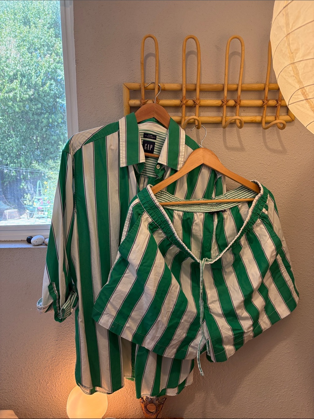 GAP Green and White Vertical Stripe Button-Up Shirt and Shorts Set